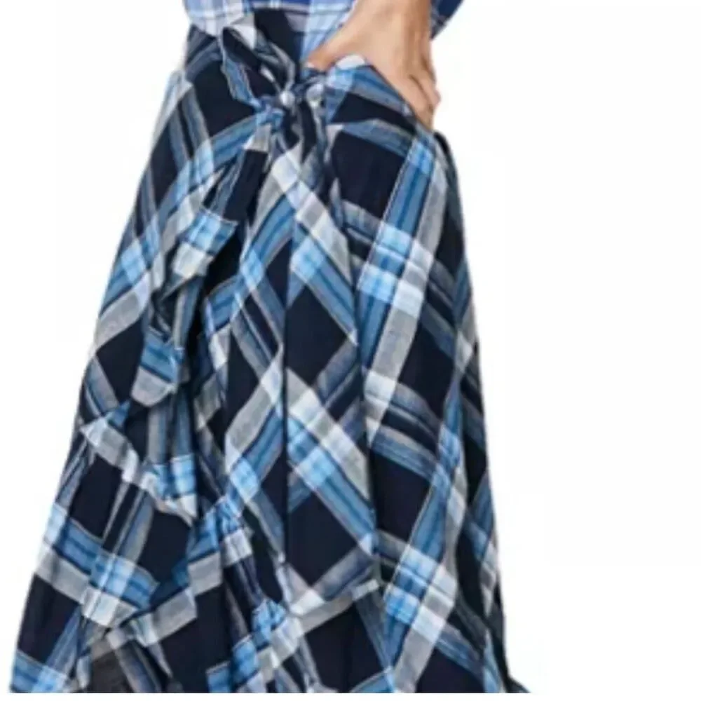 (K2) LAUREN RALPH LAUREN Asymmetrical Ruffle Skirt Navy Blue Midi Skirt, Sz L - Picture 5 of 16